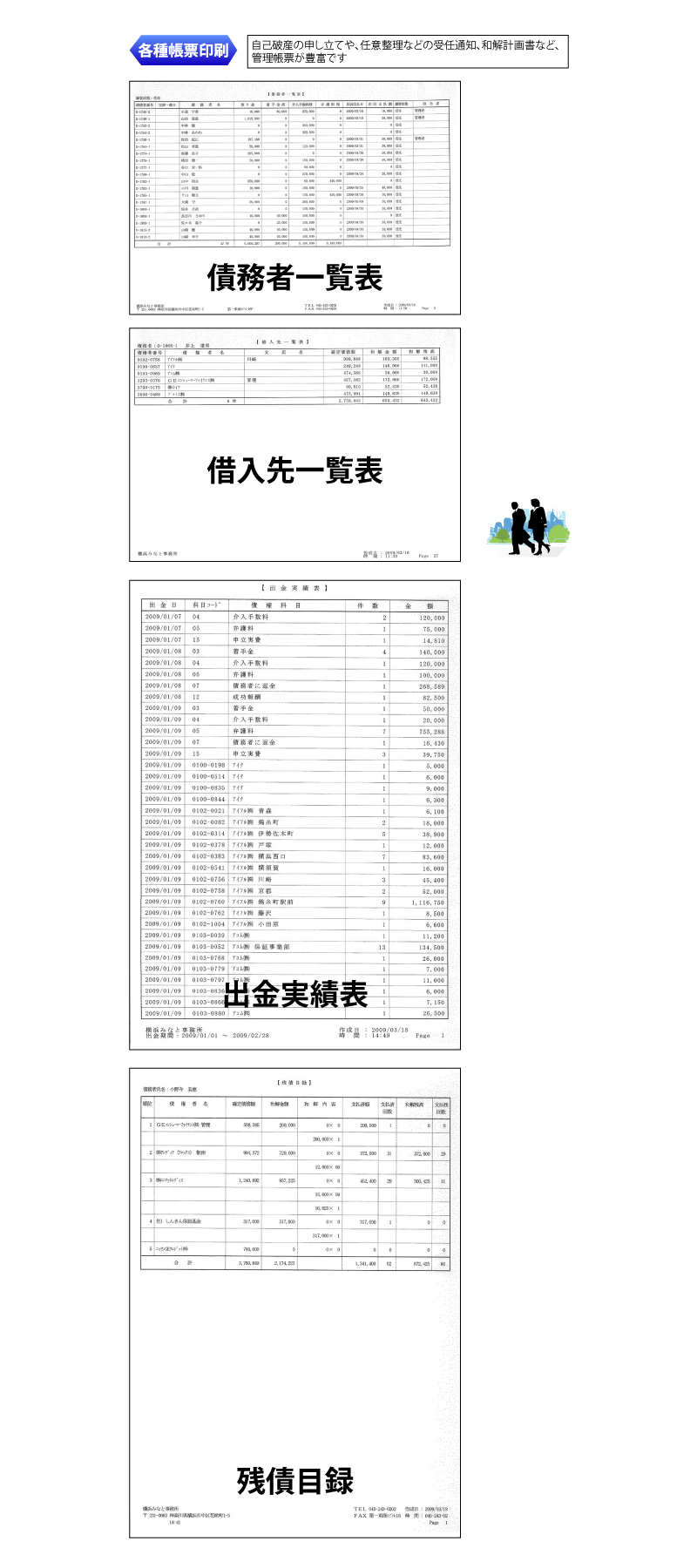 各種帳票印刷 自己破産の申し立てや、任意整理などの受任通知、和解計画書など、管理帳票が豊富です